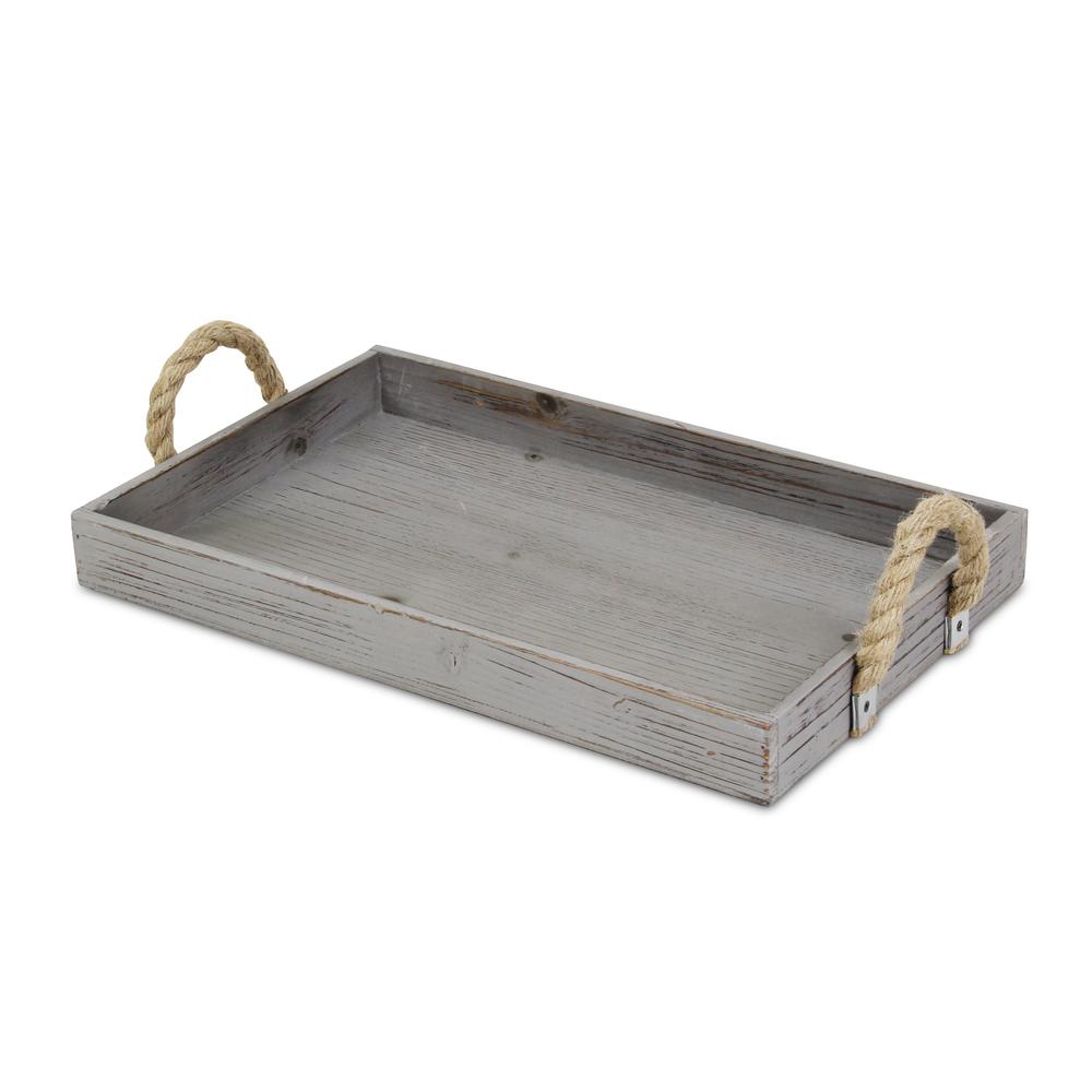 Gray Wooden Tray with Rope Handles Gray. Picture 2