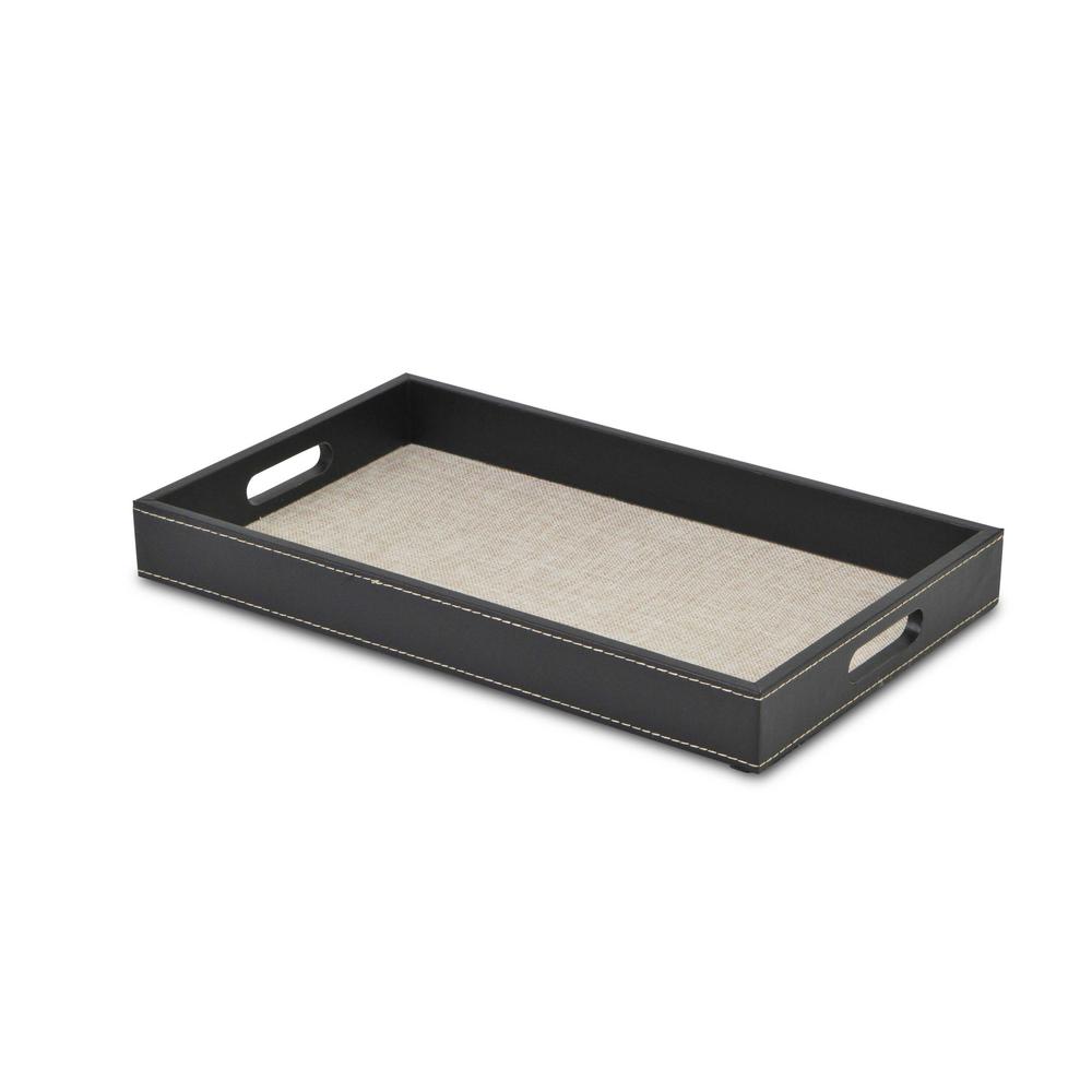 Black and Cream Faux Leather and Linen Serving Tray Black. Picture 1