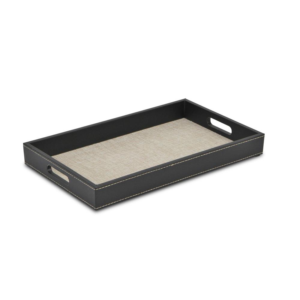 Black and Cream Faux Leather and Linen Serving Tray Black. Picture 2