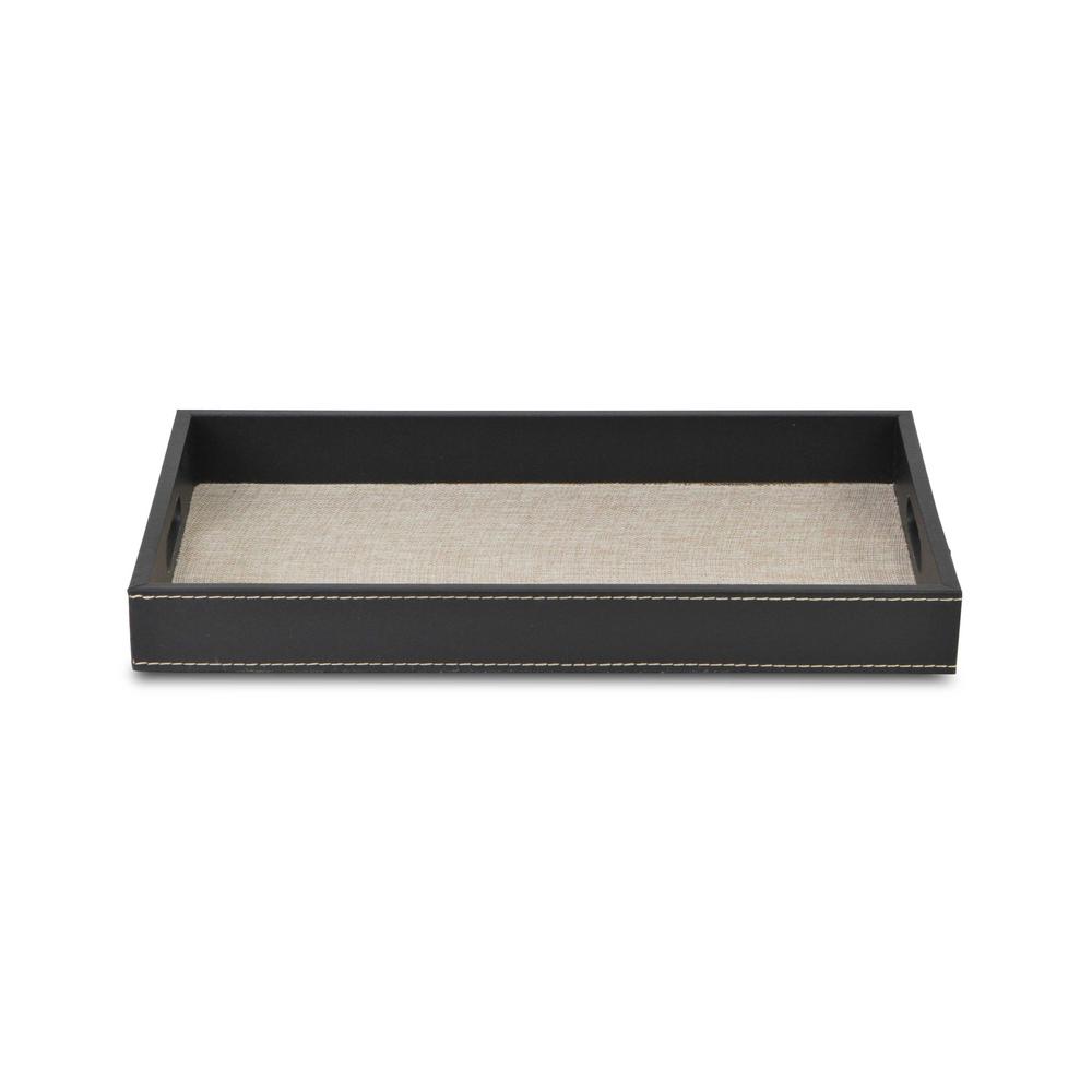 Black and Cream Faux Leather and Linen Serving Tray Black. Picture 3