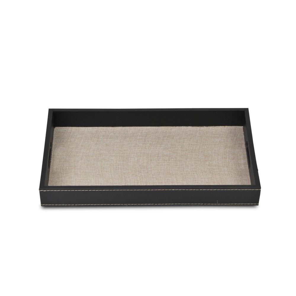 Black and Cream Faux Leather and Linen Serving Tray Black. Picture 4