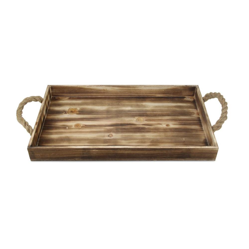 Brown Wooden Tray with Rope Handles Brown. Picture 3