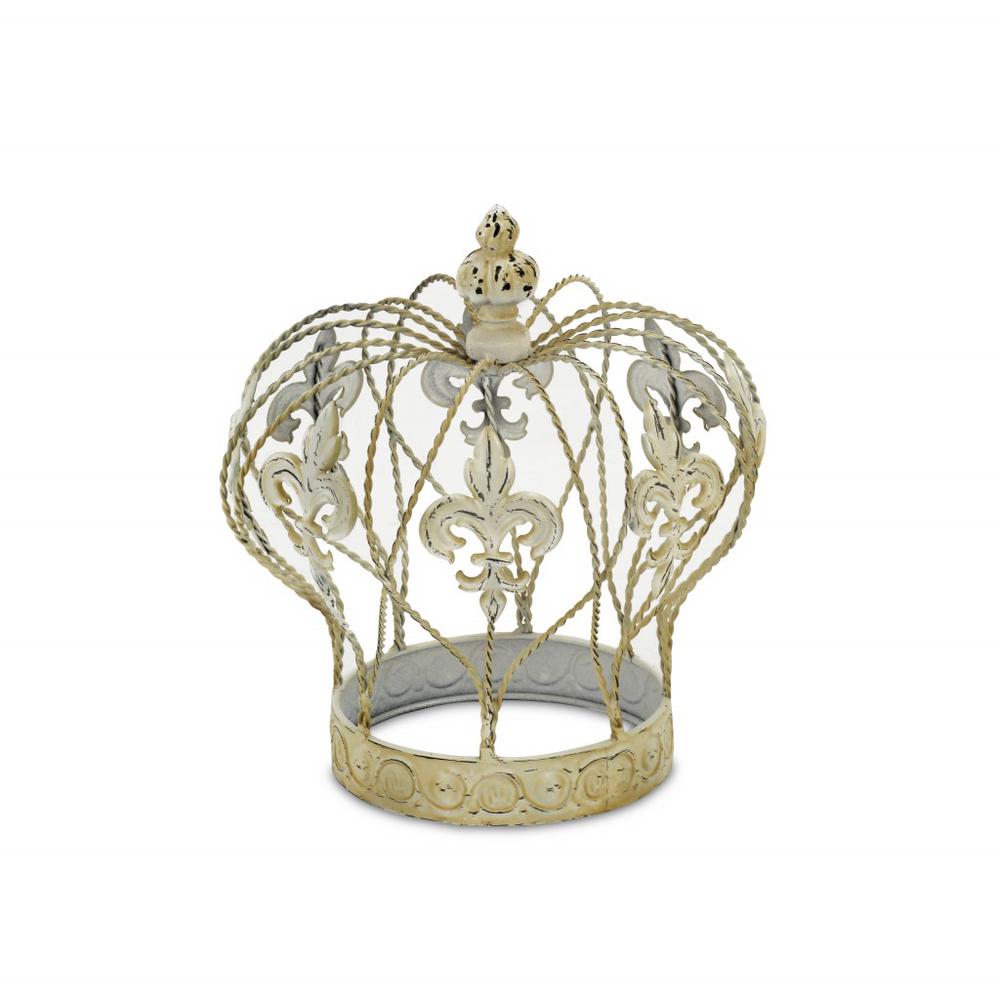 Vintage Look Fleur de Lis Gold Crown Sculpture White. Picture 1