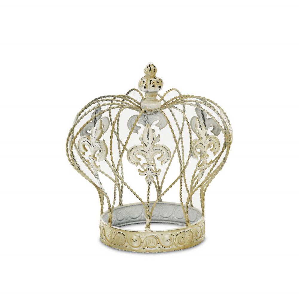 Vintage Look Fleur de Lis Gold Crown Sculpture White. Picture 3