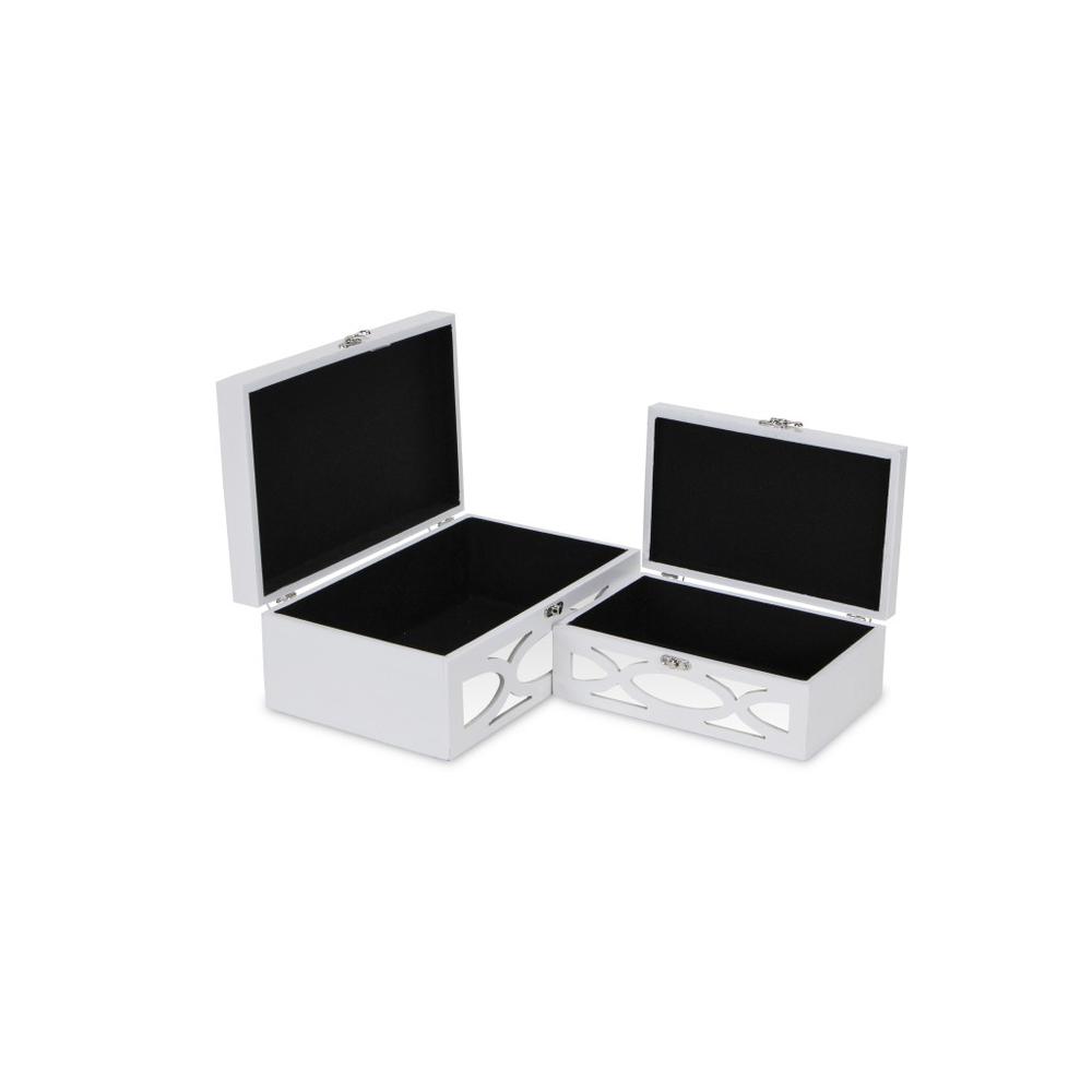 Set of Two White Oval Scroll Mirror Jewelry Storage Boxes White. Picture 6