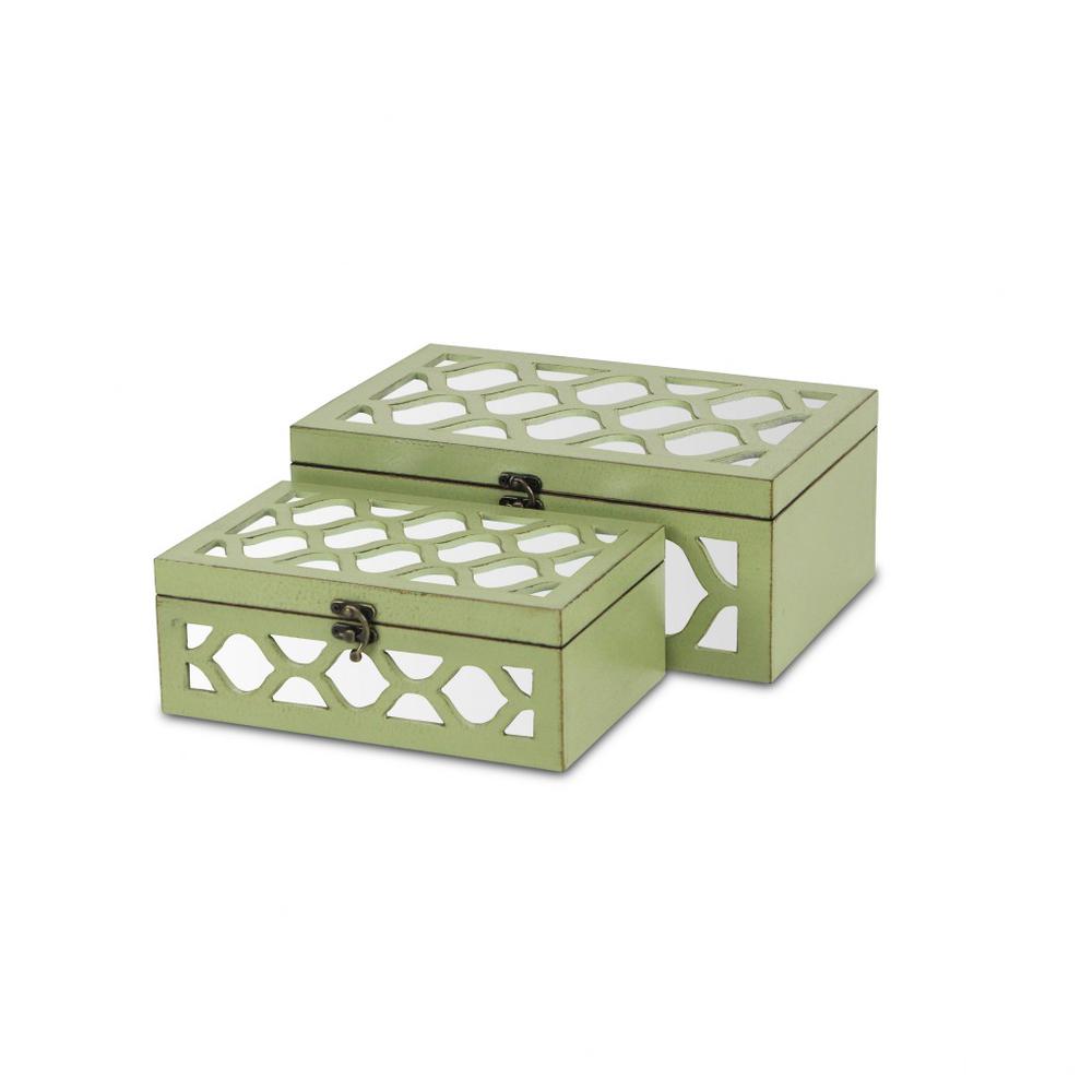 Set of Green Quatrefoil Mirror Jewelry Storage Boxes Green. Picture 2