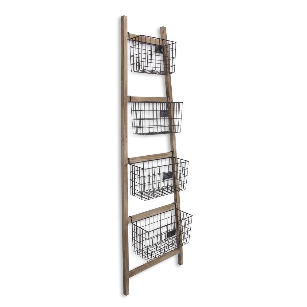 Wooden Ladder Storage Piece with 4 Baskets. Picture 1