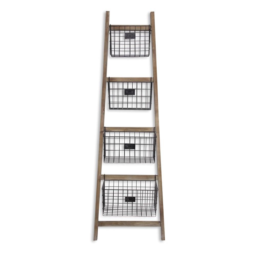 Wooden Ladder Storage Piece with 4 Baskets. Picture 3