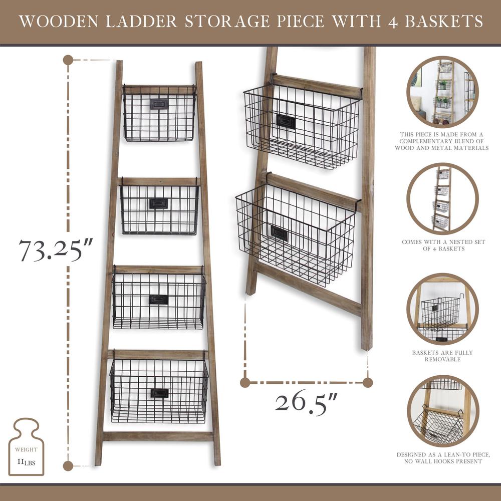 Wooden Ladder Storage Piece with 4 Baskets. Picture 6
