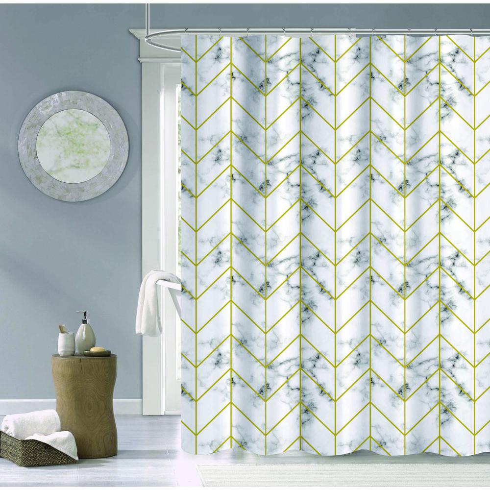 Silver Marble and Geo Pattern Shower Curtain. Picture 2