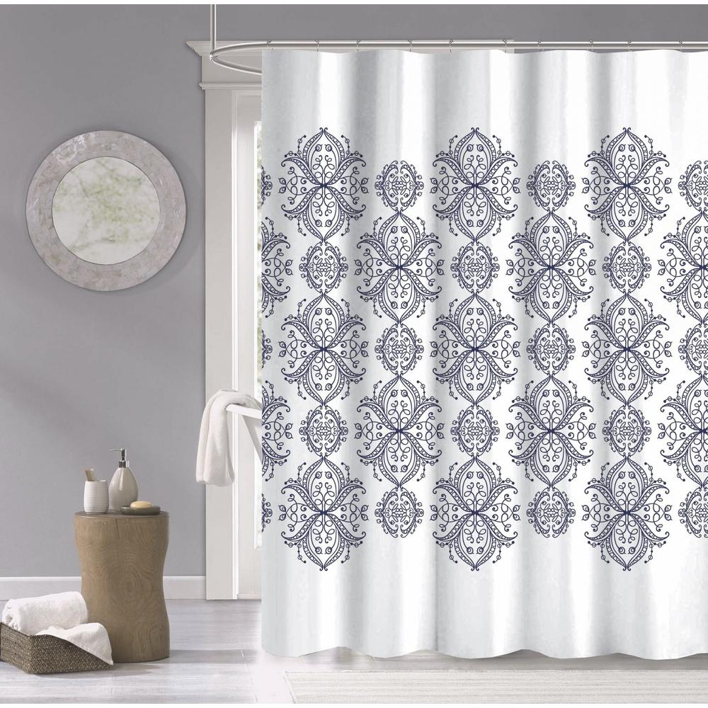 Navy and White Decorative Shower Curtain. Picture 1
