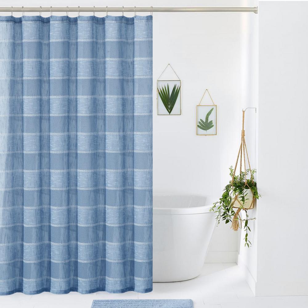 Blue Striped Embroidered Shower Curtain. Picture 1