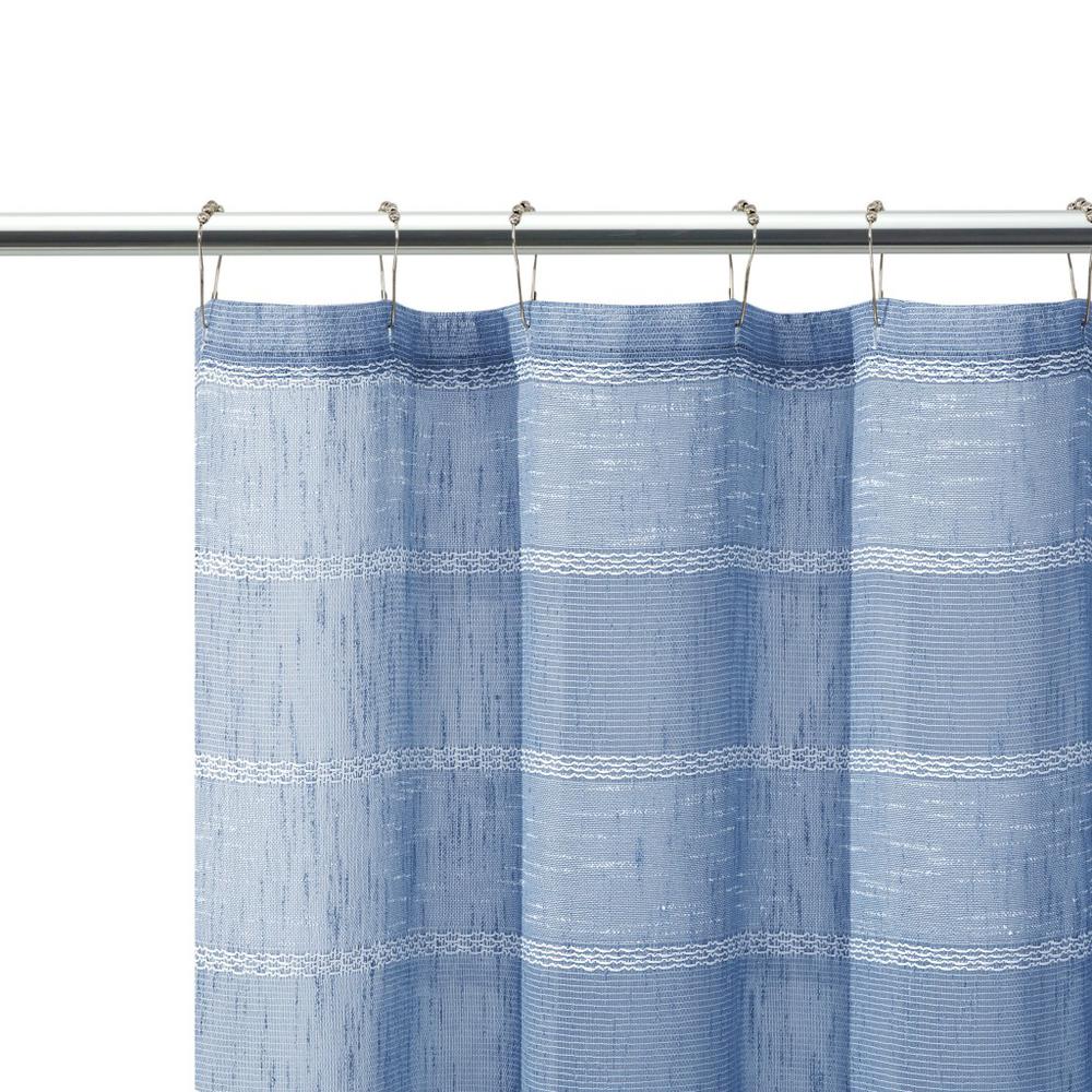 Blue Striped Embroidered Shower Curtain. Picture 2