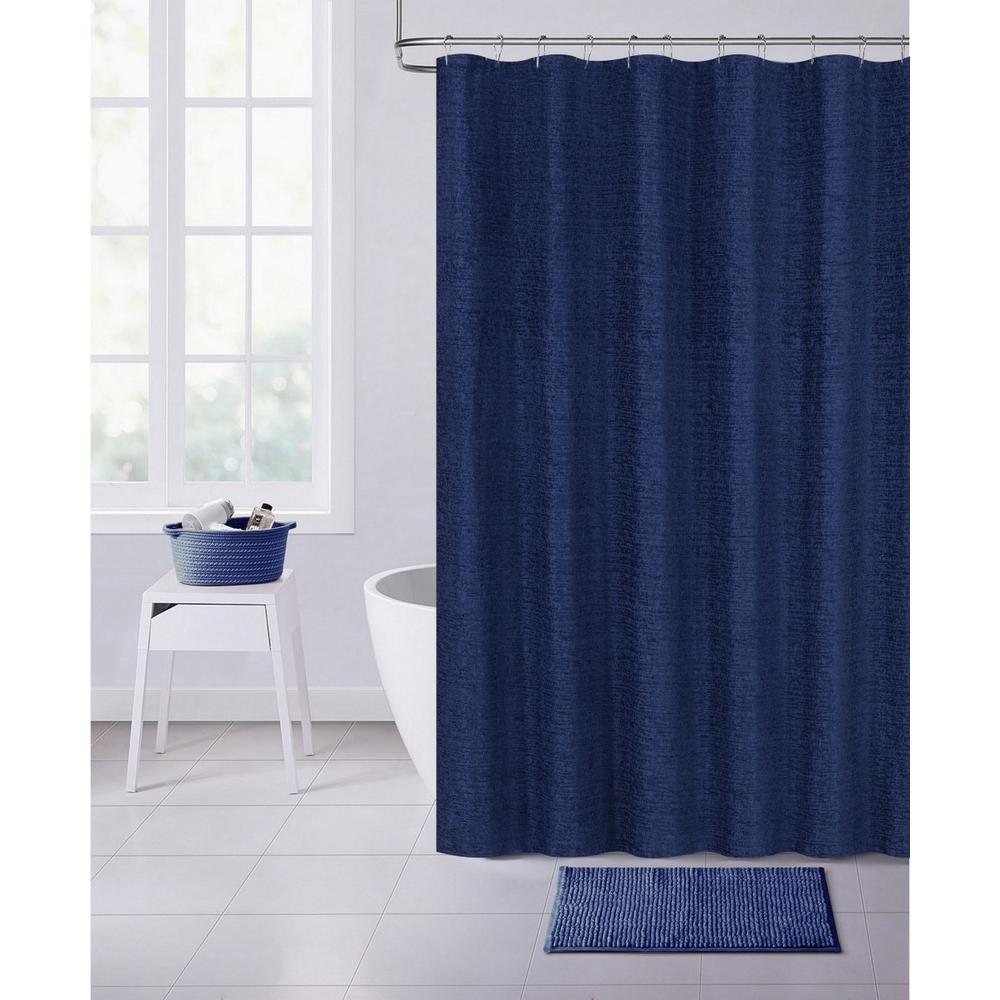Navy Blue Soft Textured Shower Curtain. Picture 1