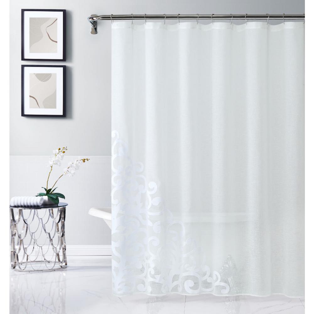 White Contemporary Velvet Scroll Shower Curtain. Picture 2