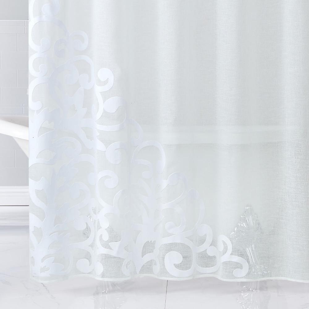 White Contemporary Velvet Scroll Shower Curtain. Picture 1