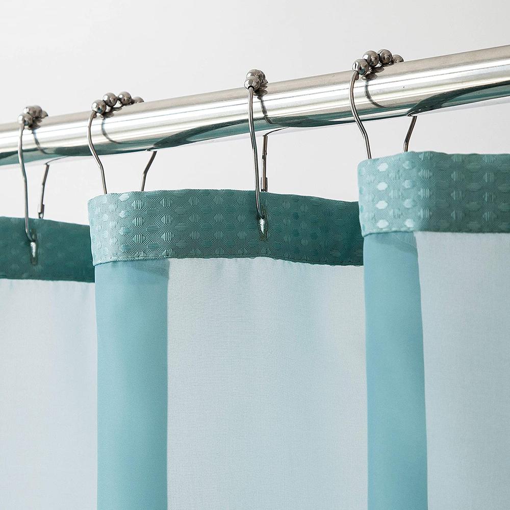 Teal Sheer and Grid Shower Curtain and Liner Set. Picture 2