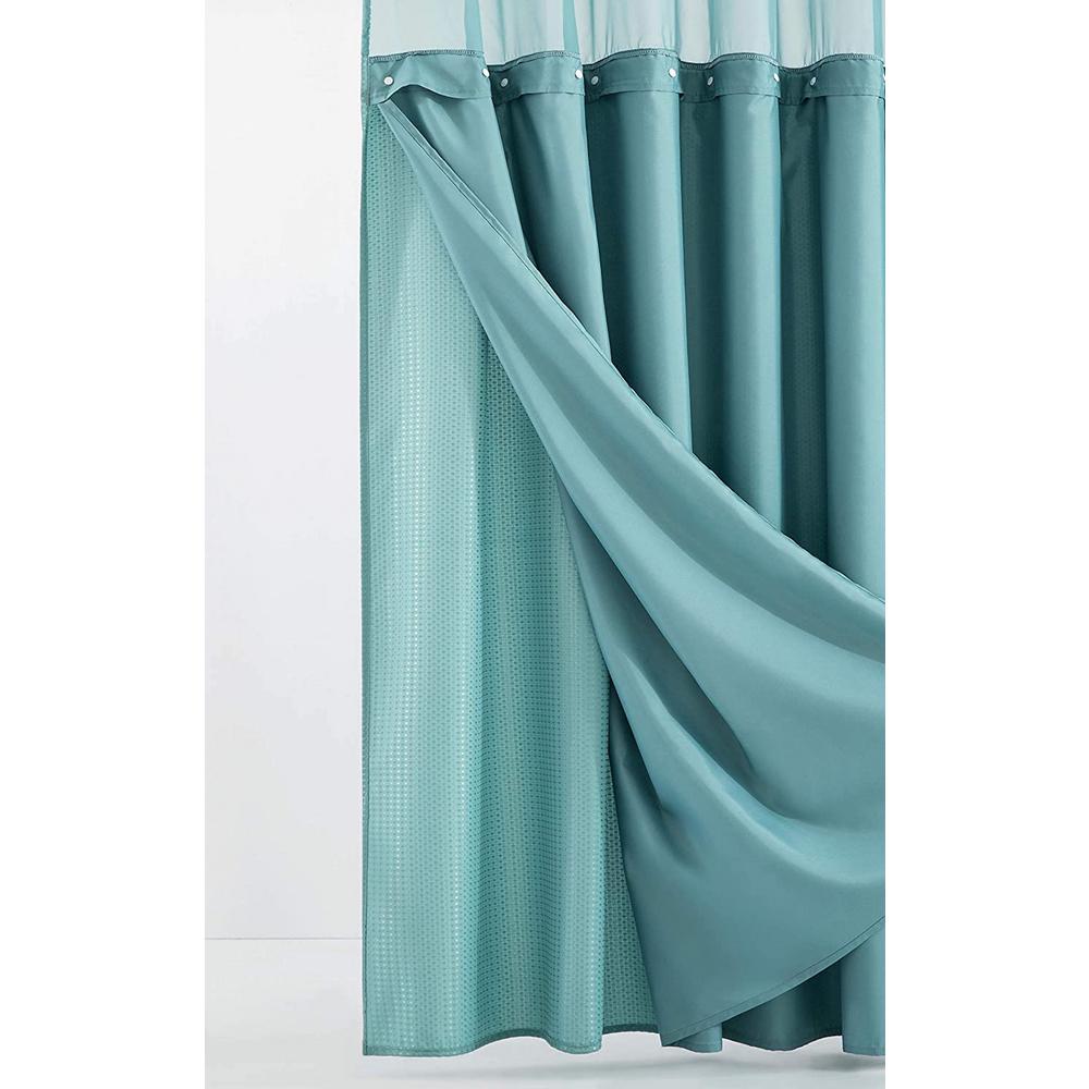 Teal Sheer and Grid Shower Curtain and Liner Set. Picture 6