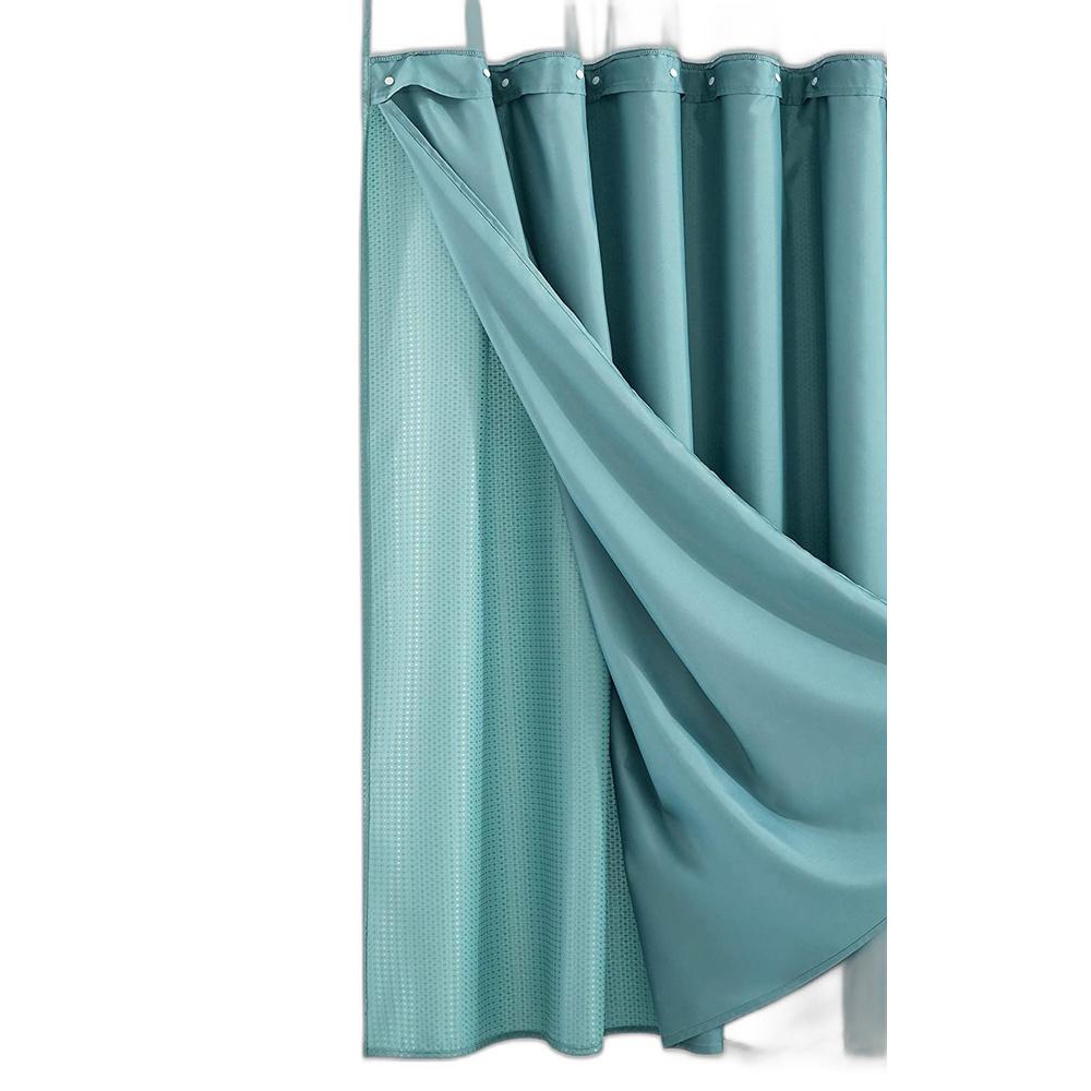 Teal Sheer and Grid Shower Curtain and Liner Set. Picture 1