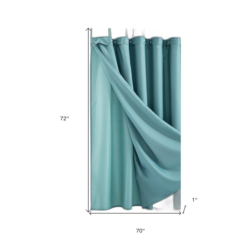 Teal Sheer and Grid Shower Curtain and Liner Set. Picture 8