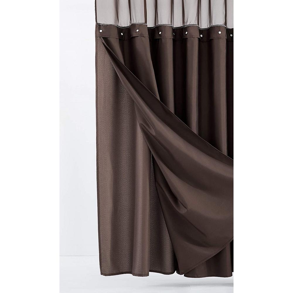 Brown Modern Grid Shower Curtain and Liner Set. Picture 7