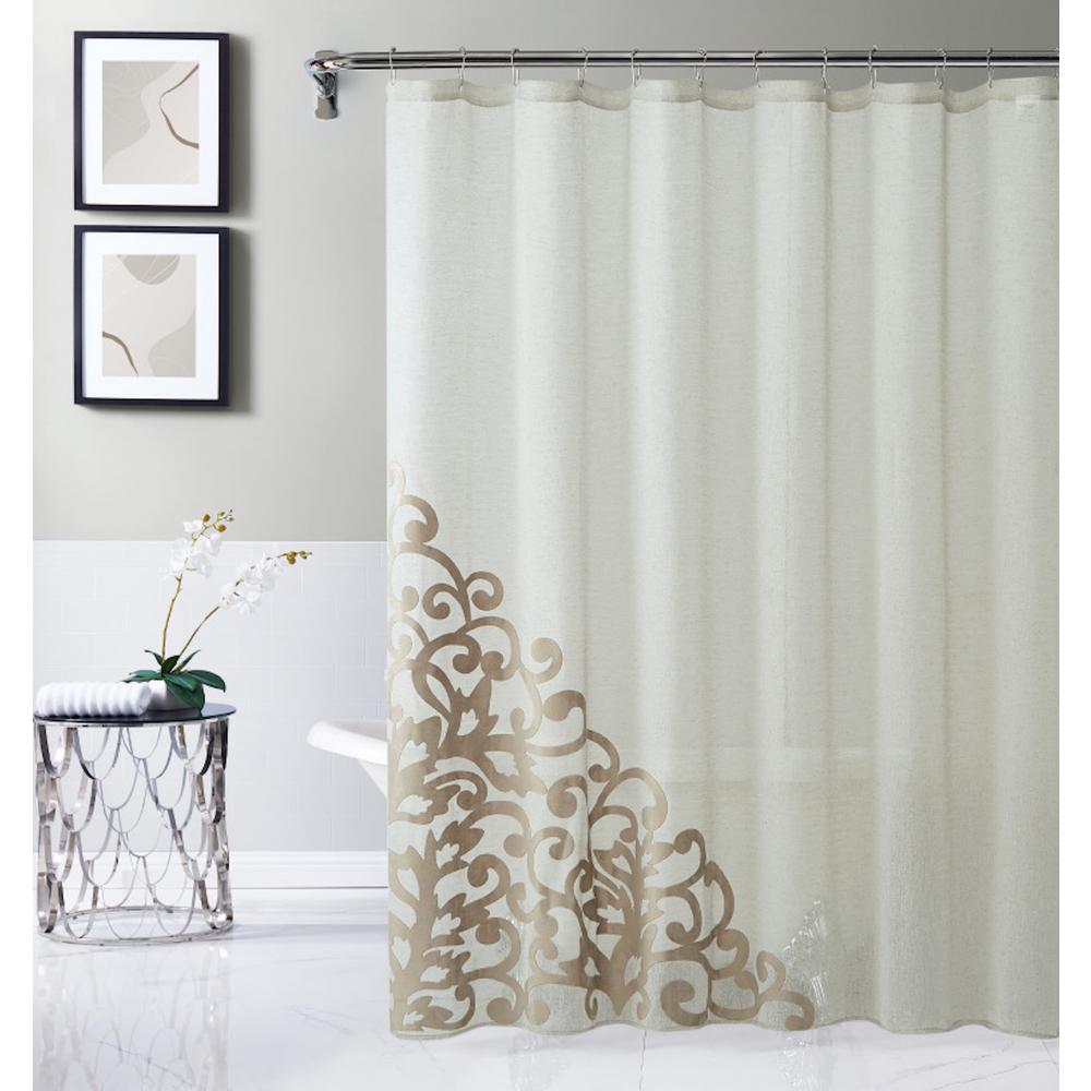 Gold Contemporary Velvet Scroll Shower Curtain. Picture 3