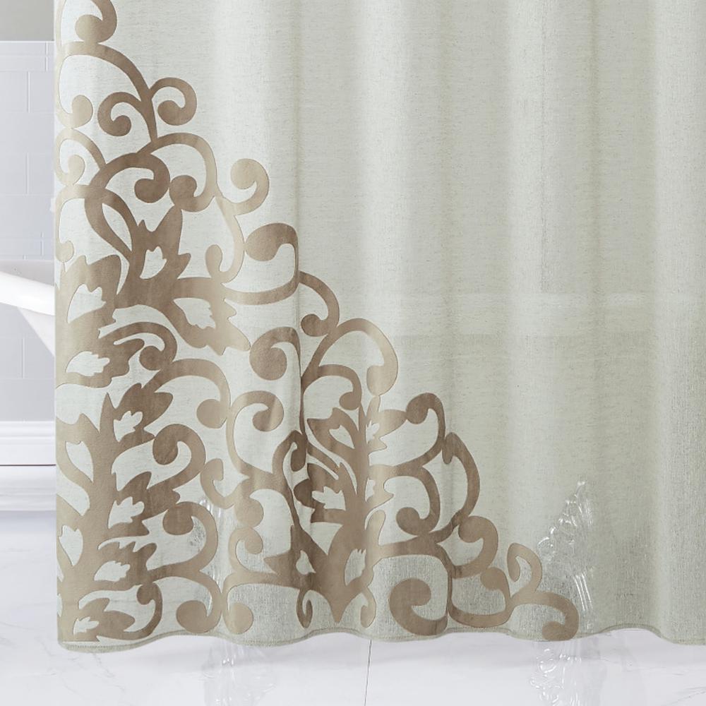 Gold Contemporary Velvet Scroll Shower Curtain. Picture 1