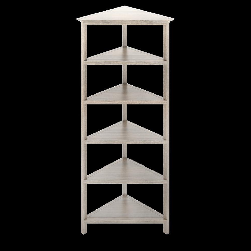 Gray Five Tier Solid Wood Corner Bookcase. Picture 1