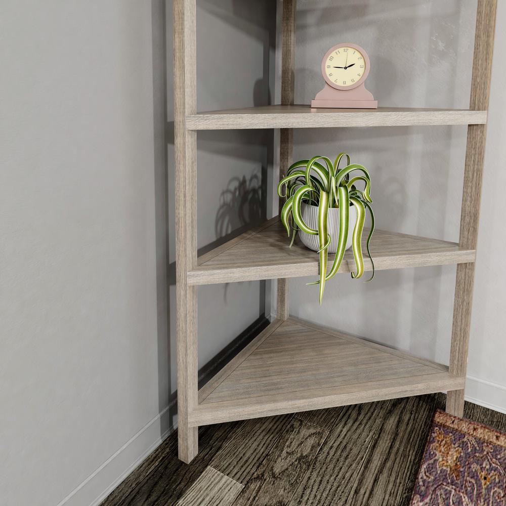 Gray Five Tier Solid Wood Corner Bookcase. Picture 2