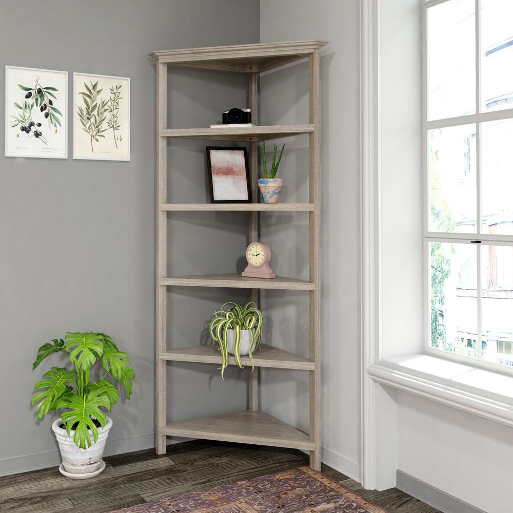 Gray Five Tier Solid Wood Corner Bookcase. Picture 3