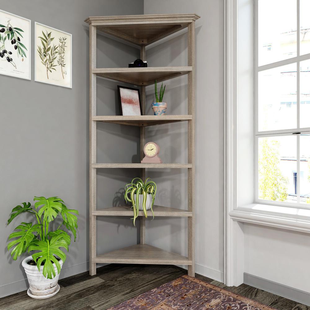 Gray Five Tier Solid Wood Corner Bookcase. Picture 4
