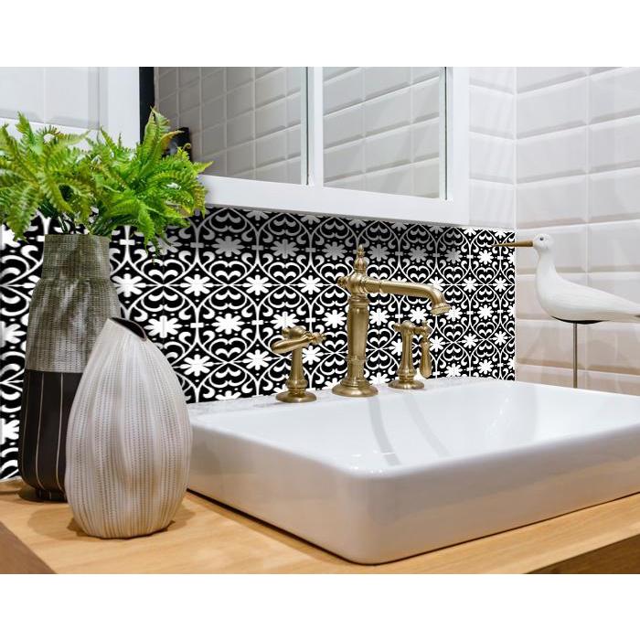 4" X 4" Black and White Floral Peel and Stick Removable Tiles Black. Picture 6