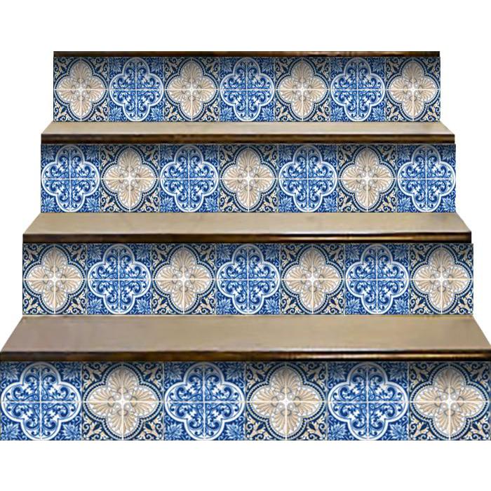 4" X 4" Blues and Crema Peel And Stick Removable Tiles Blue. Picture 7