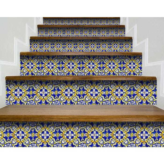 4" X 4" Blue and Yellow Links Peel And Stick Tiles Blue. Picture 7