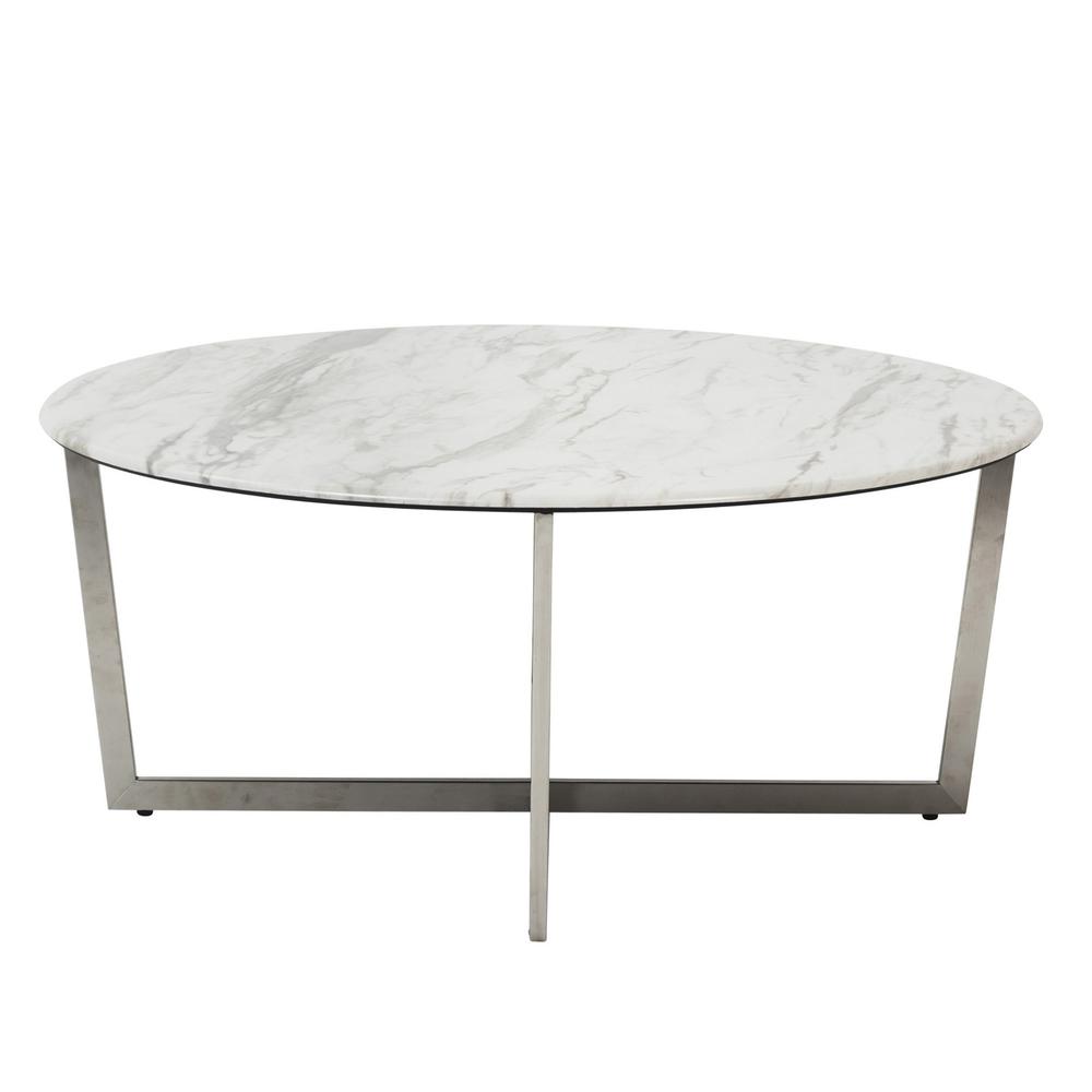 White on Stainless Faux Marble Round Coffee Table. Picture 1