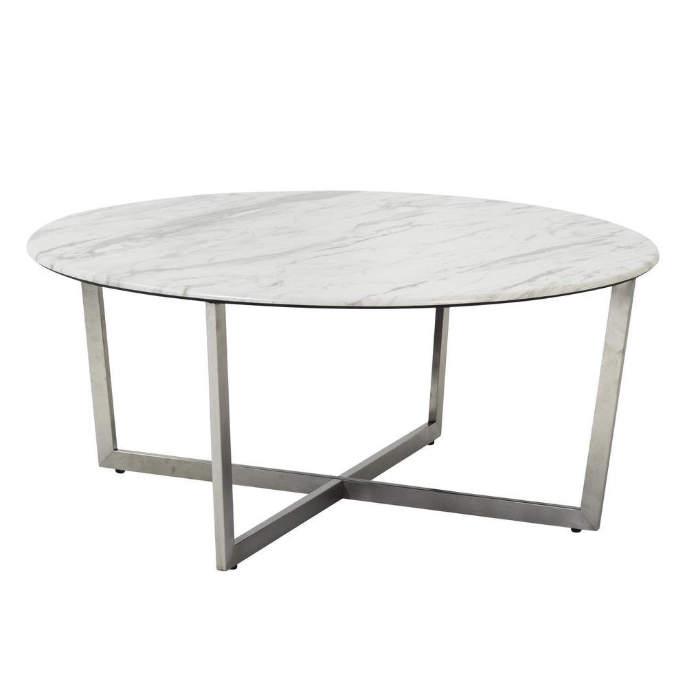 White on Stainless Faux Marble Round Coffee Table. Picture 2