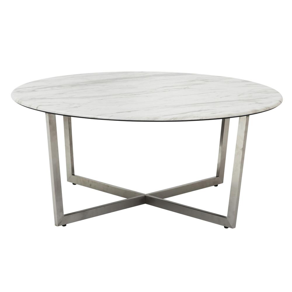White on Stainless Faux Marble Round Coffee Table. Picture 3