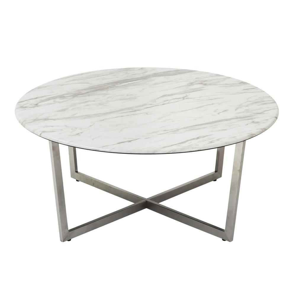 White on Stainless Faux Marble Round Coffee Table. Picture 4