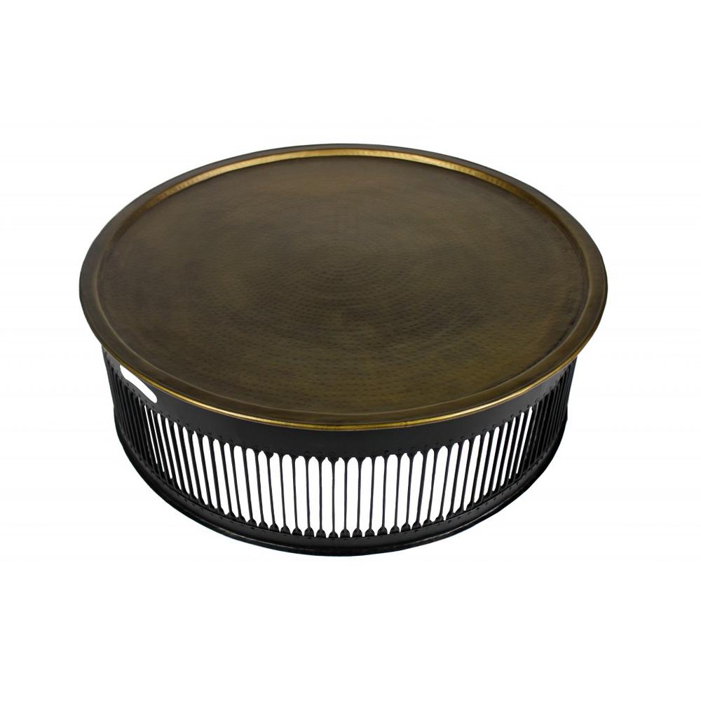 Round Black Drum Shaped Brass Coffee Table. Picture 1
