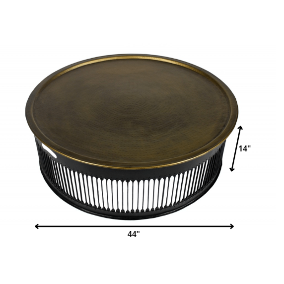 Round Black Drum Shaped Brass Coffee Table. Picture 3