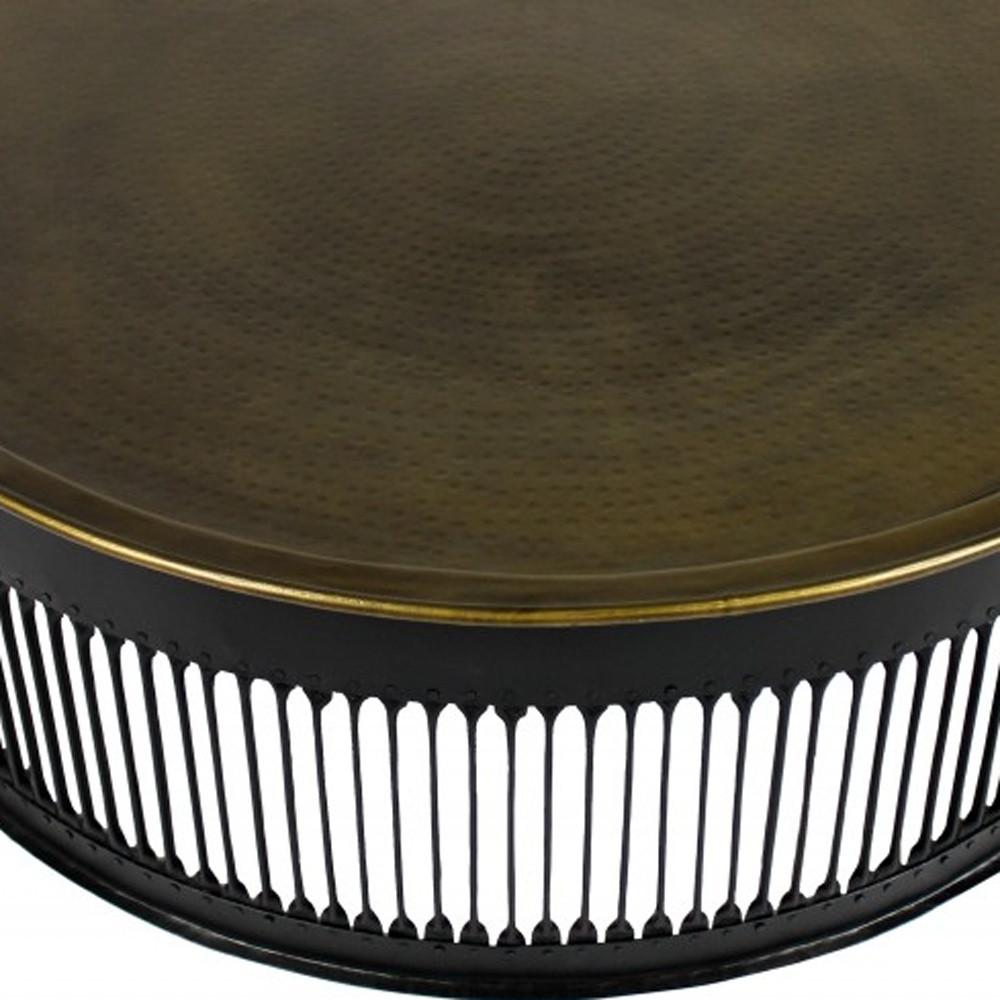 Round Black Drum Shaped Brass Coffee Table. Picture 4
