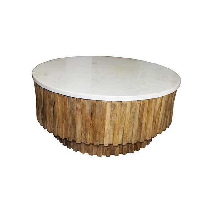 Round Marble Top and Wooden Strips Coffee Table. Picture 1