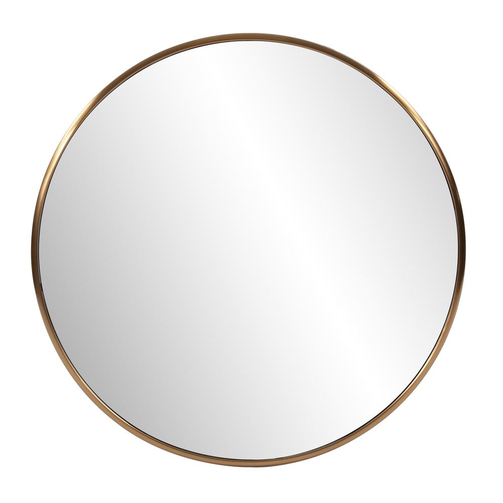 32" Antiqued Brushed Brass Round Wall Mirror. Picture 1