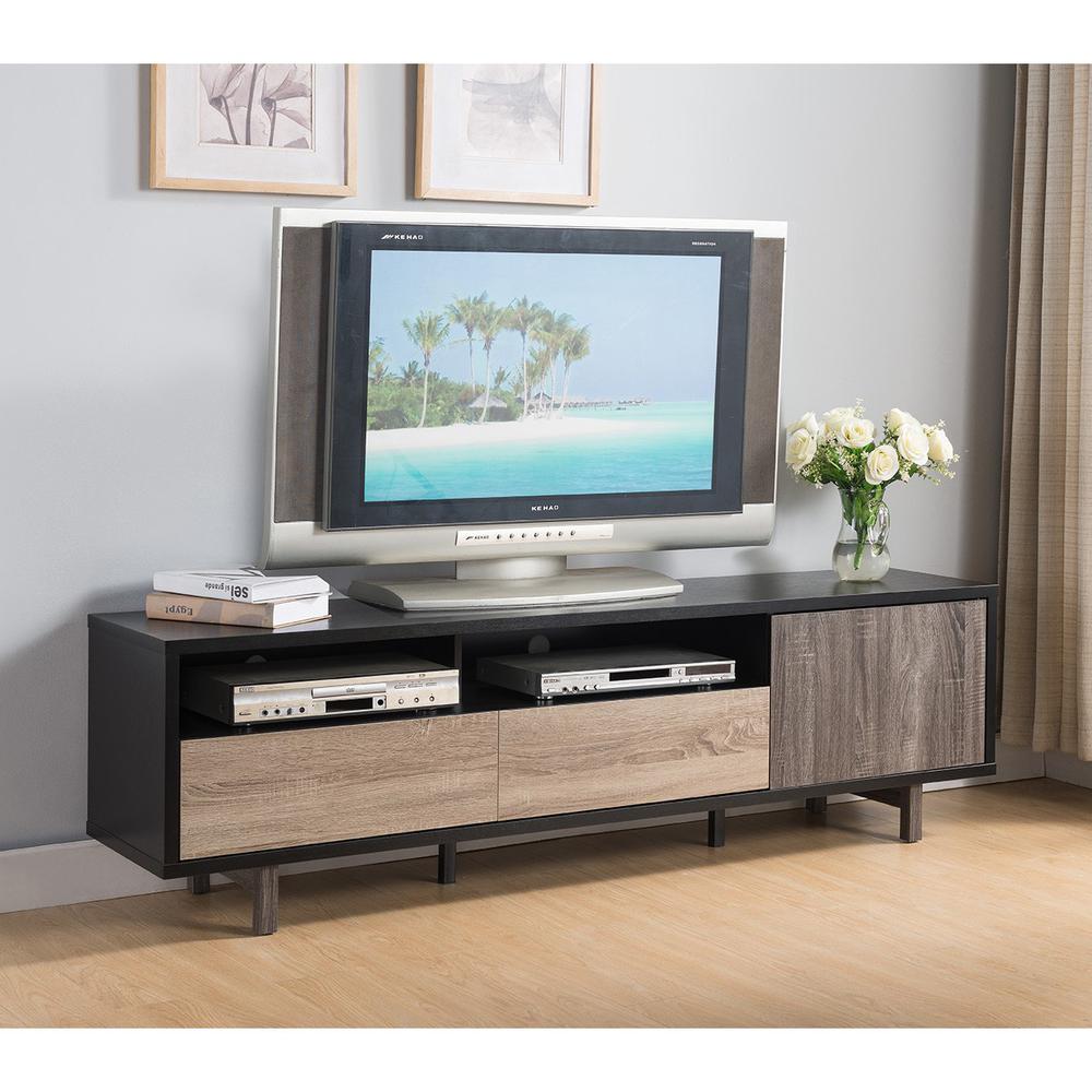 71" Brown And Black Particle Board And Mdf Cabinet Enclosed Storage TV Stand. Picture 1
