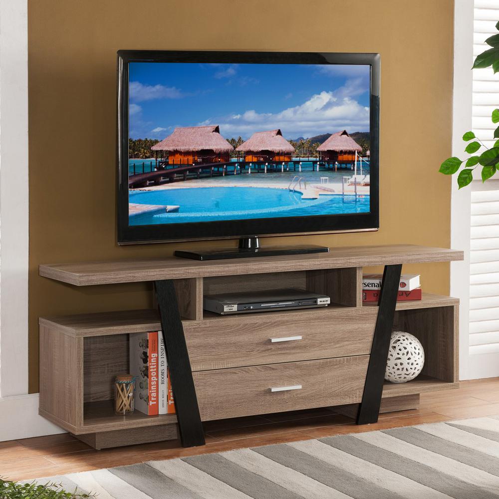 60" Brown And Black Particle Board And Mdf Cabinet Enclosed Storage TV Stand. Picture 2