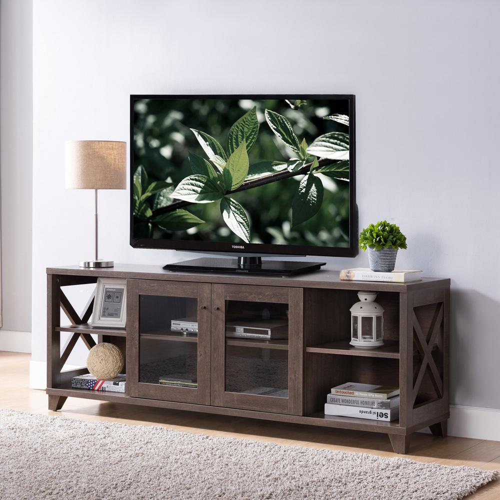 60" Brown Particle Board Mdf And Glass Cabinet Enclosed Storage TV Stand. Picture 3