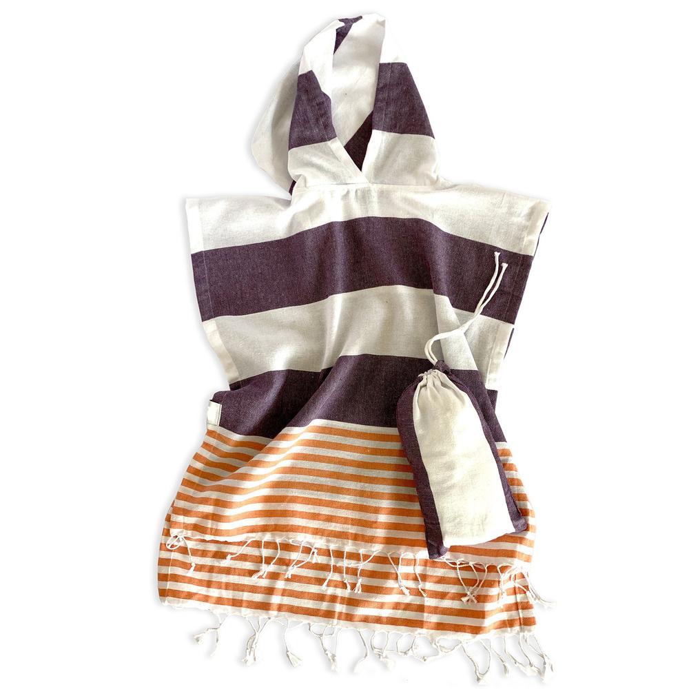 Dark Purple Orange and White Striped Design Poncho Towel. Picture 1