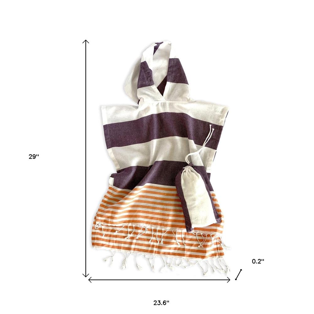 Dark Purple Orange and White Striped Design Poncho Towel. Picture 5