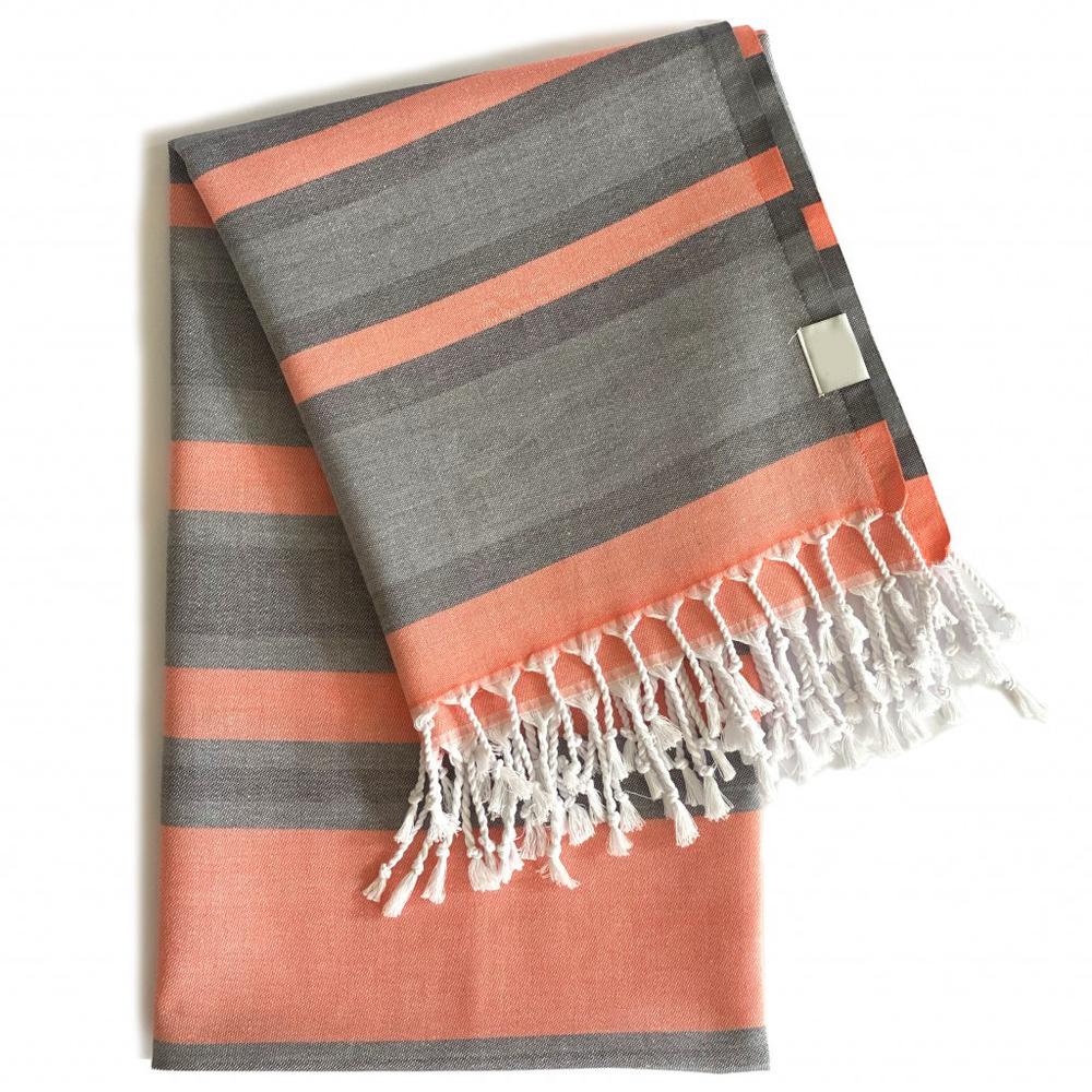 Peach and Dark Grey Striped Design Turkish Beach Blanket. Picture 1