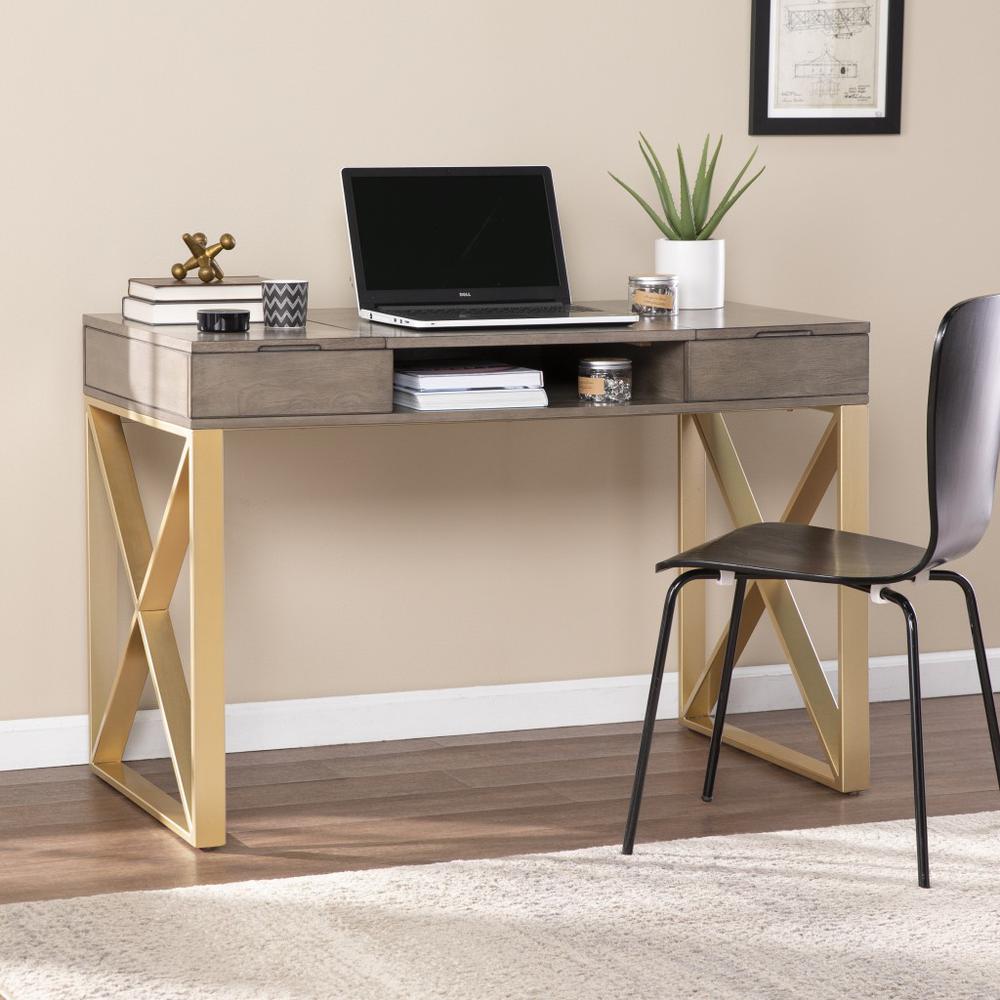 Modern Gray and Gold Writing Desk with Storage. Picture 1